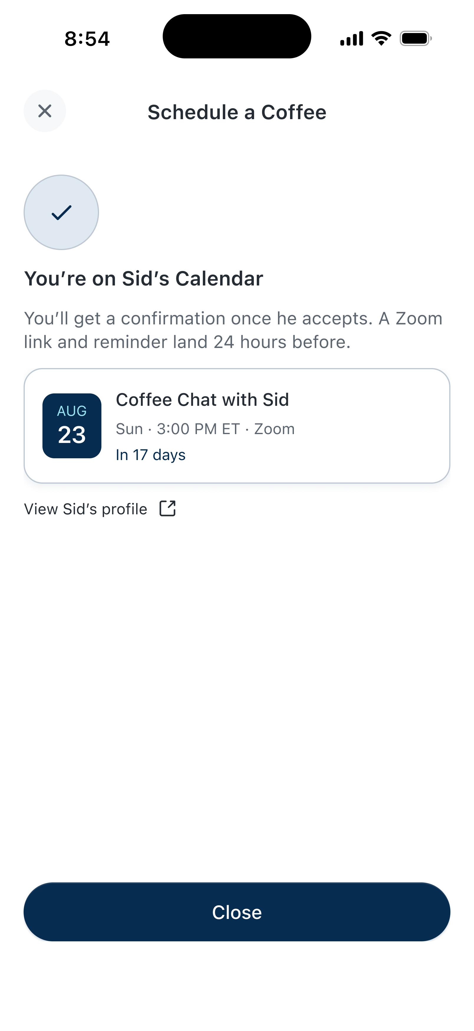 CEO XB confirmation screen saying you’re on Sid’s calendar, with the scheduled coffee chat details